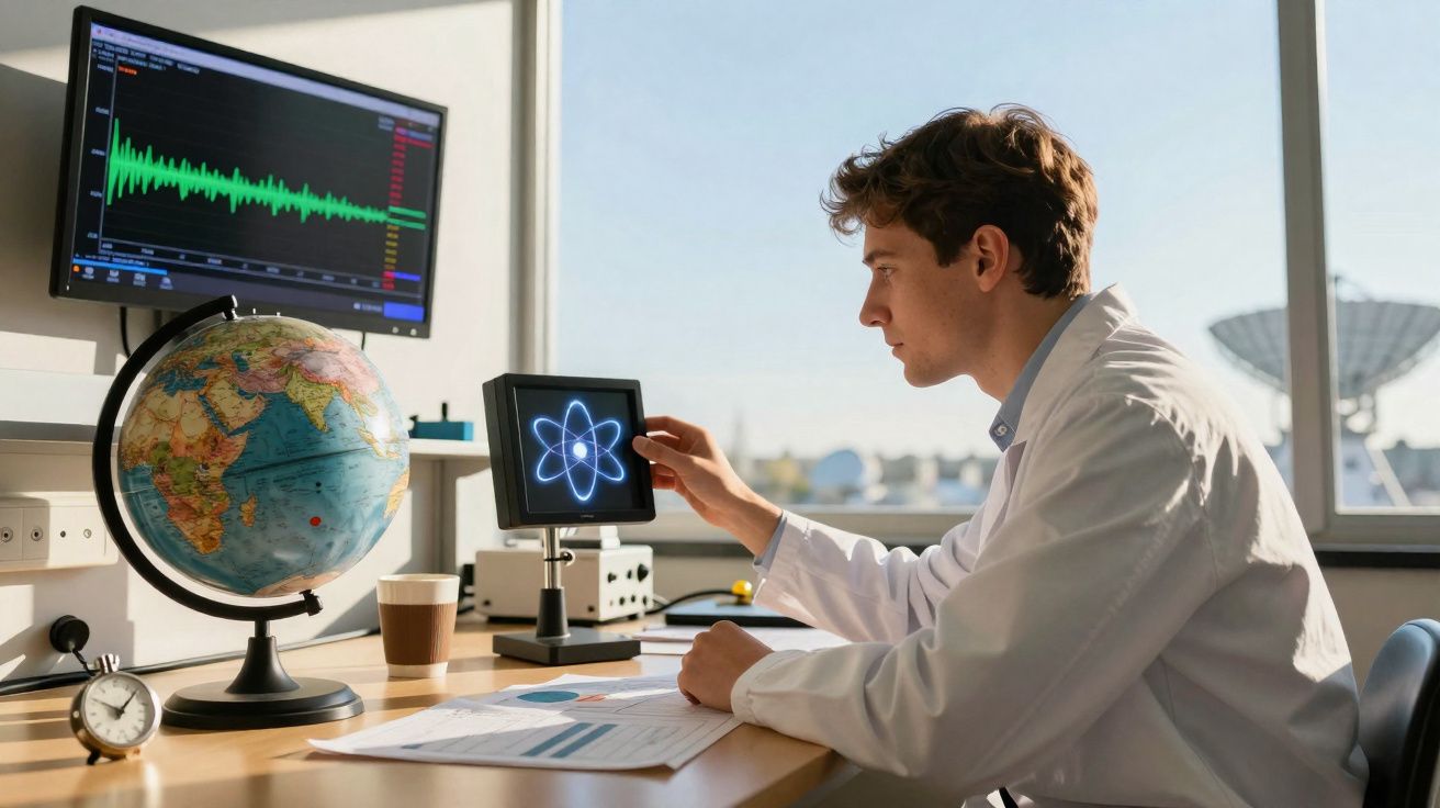 Scientist in a lab coat analysing an atom graphic on a digital screen with a globe and waveform monitor nearby.