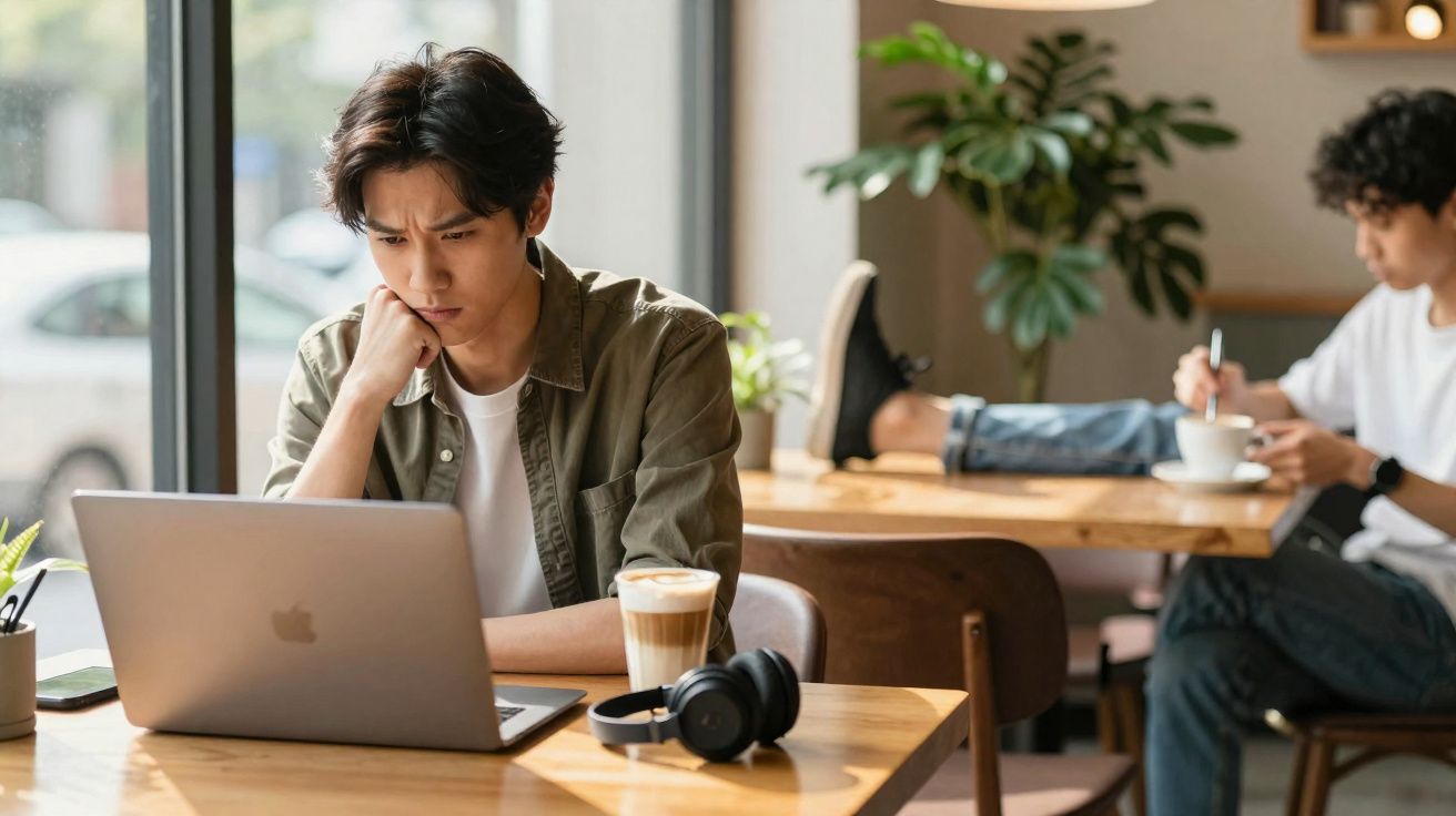 Young man concentrating on laptop at cafe table with headphones and coffee, another person in background drinking tea.