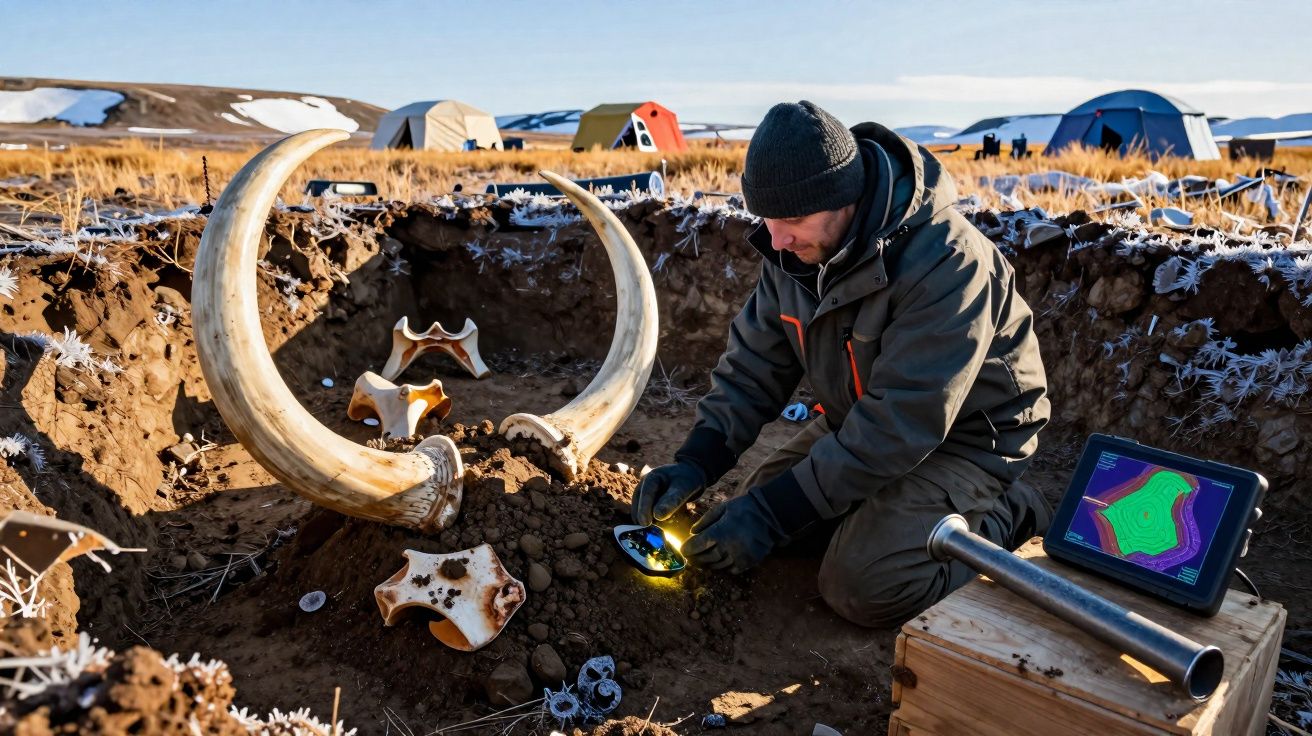 Archaeologist excavating large mammoth tusks and bones at a cold campsite with tents and digital equipment nearby.