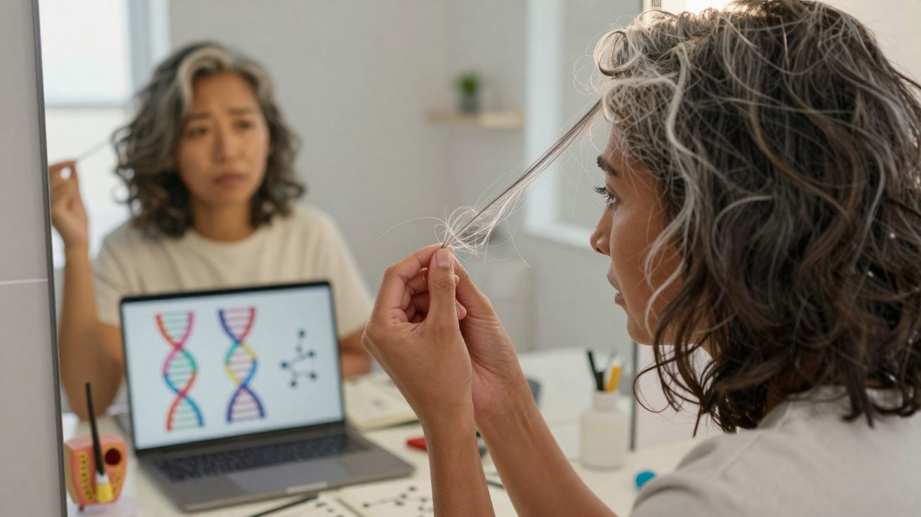 Woman looking worriedly at her thinning hair in a mirror with a laptop showing DNA strands in the background.