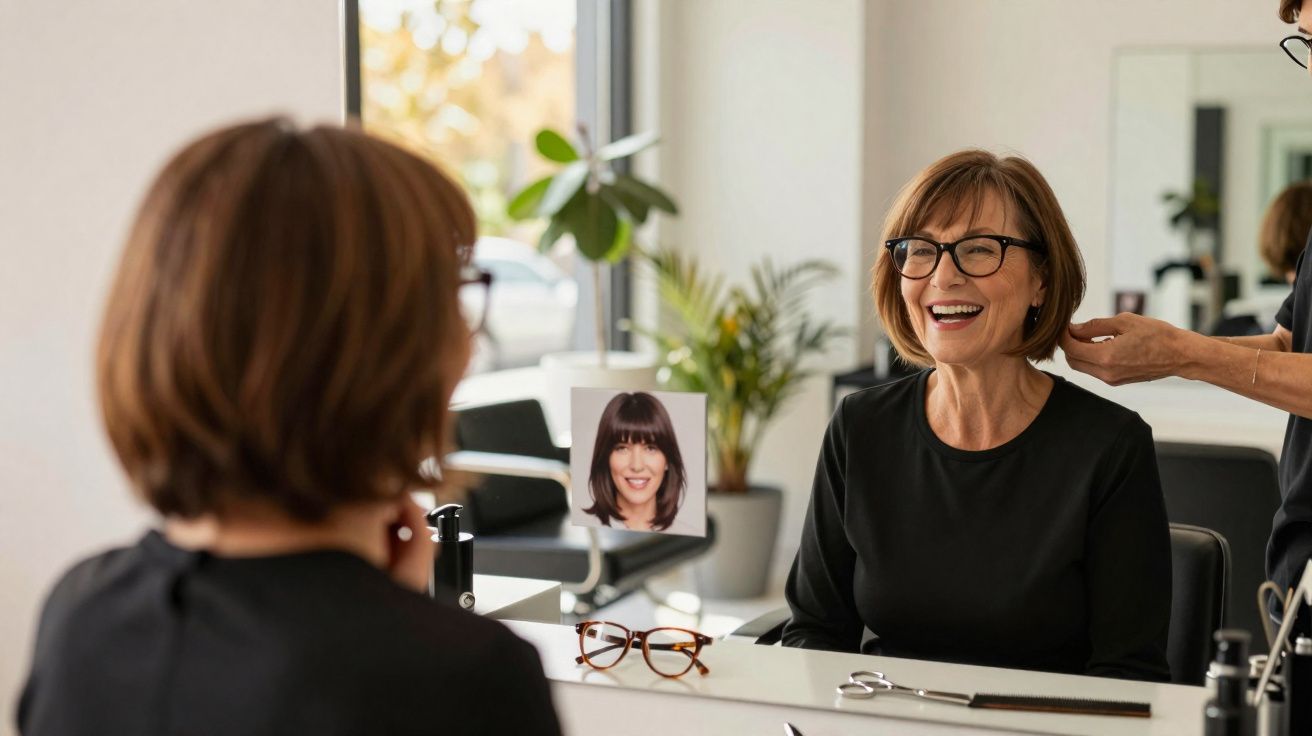 Middle-aged woman with glasses smiling as a hairdresser styles her hair in a salon.
