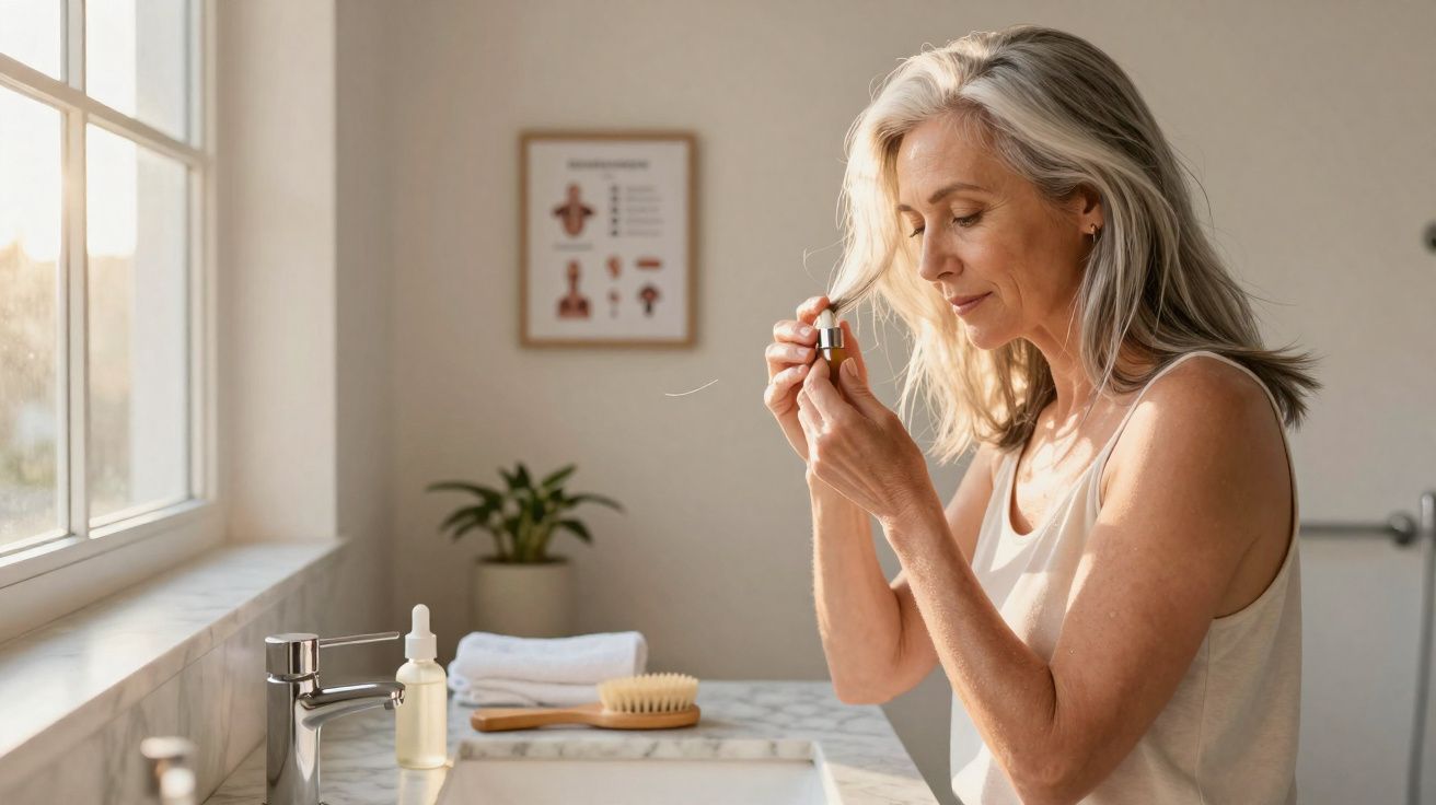Middle-aged woman smelling essential oil in a bright bathroom with skincare products on the counter.