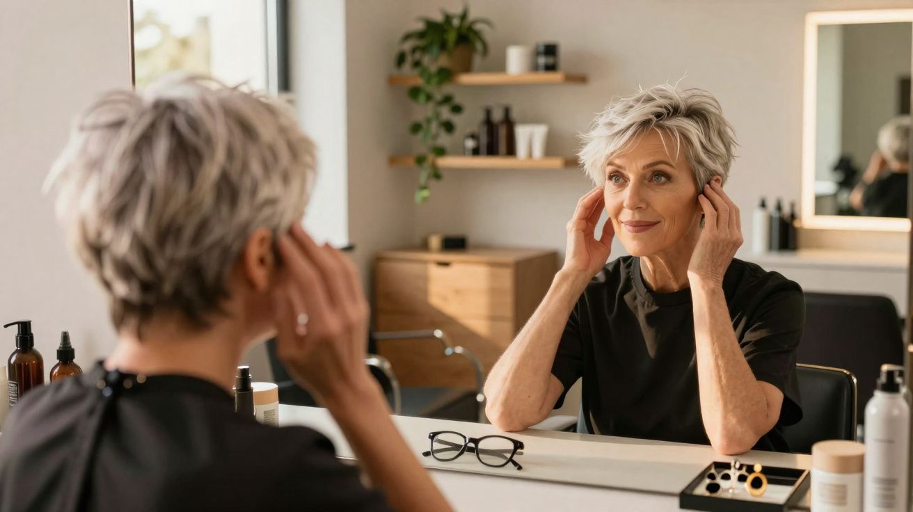 Mature woman with short grey hair looking at her reflection in a vanity mirror while touching her face.