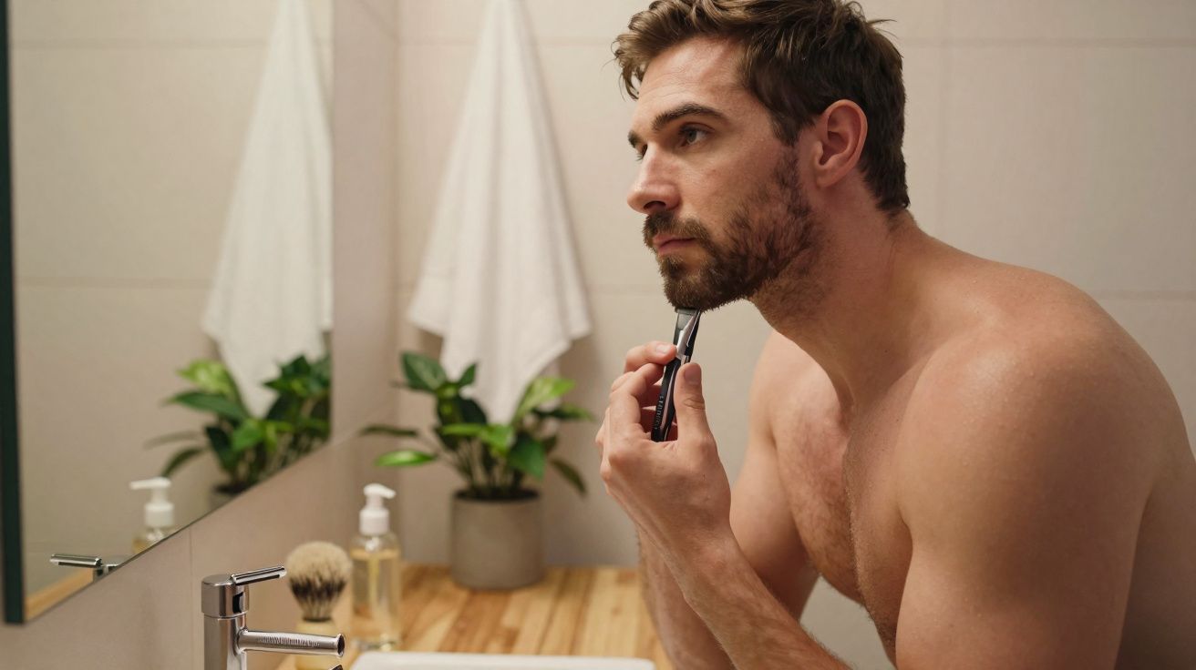 Shirtless man trimming beard with electric shaver in bathroom while looking into mirror.