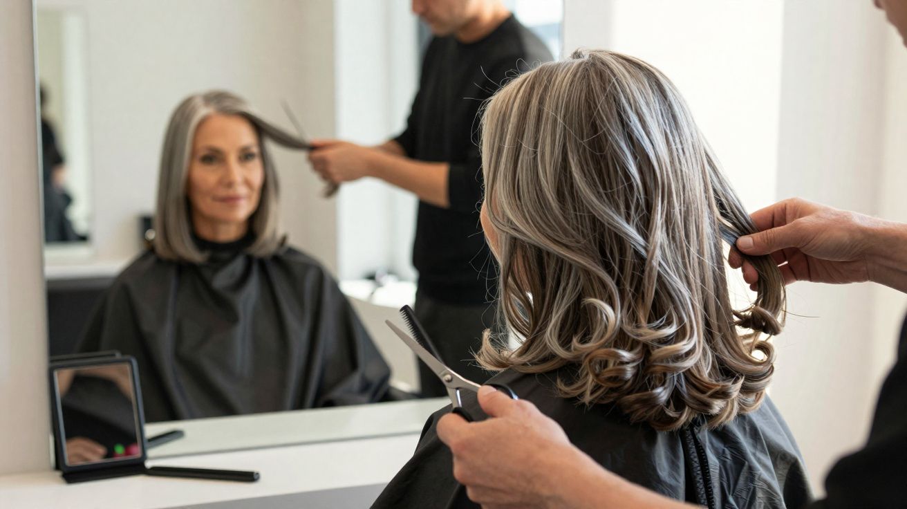 Middle-aged woman with shoulder-length grey hair getting a haircut in a salon, looking in the mirror.