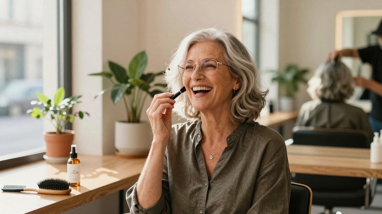 Smiling older woman with glasses applying makeup in a bright room with plants and mirror.
