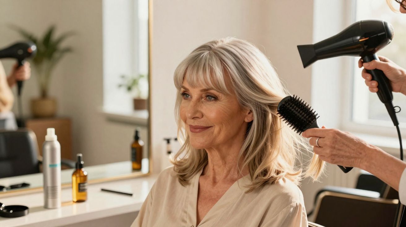Older woman with blonde hair having her hair blow-dried and brushed in a salon.