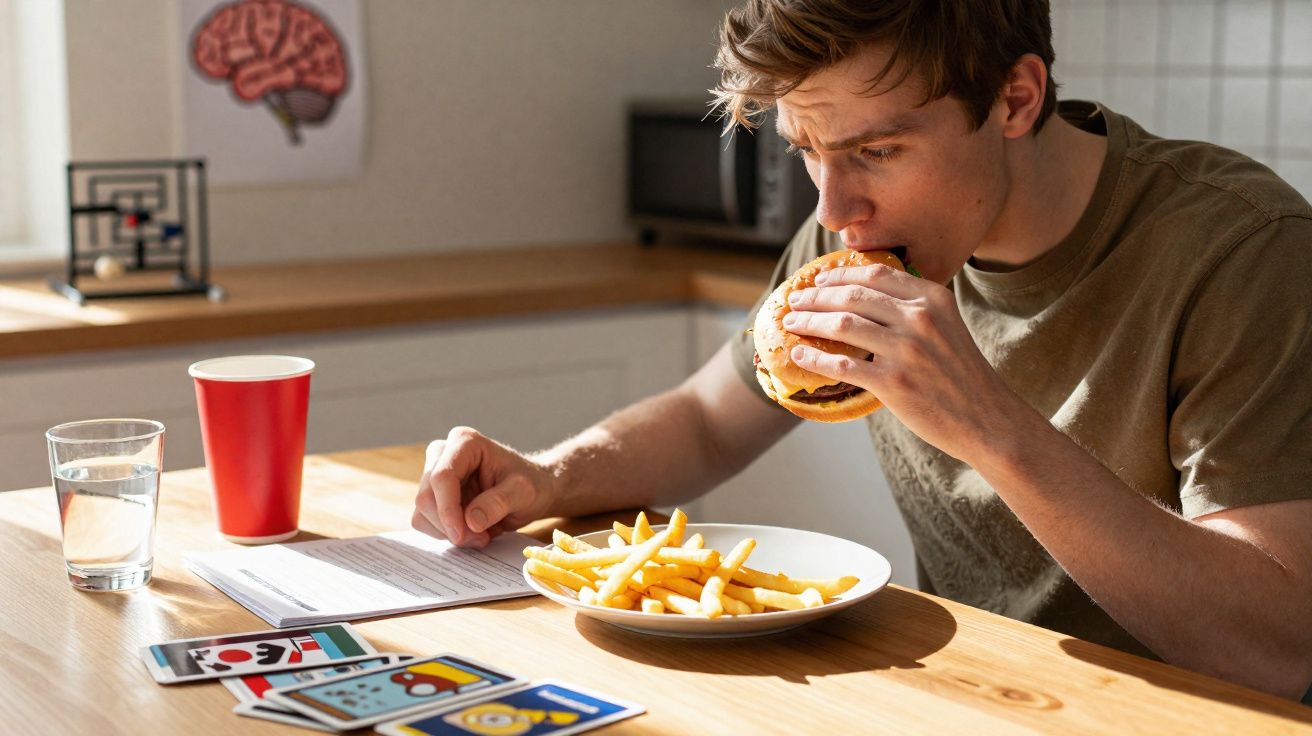 Young man eating a burger and fries while reading papers at a kitchen table with tarot cards.