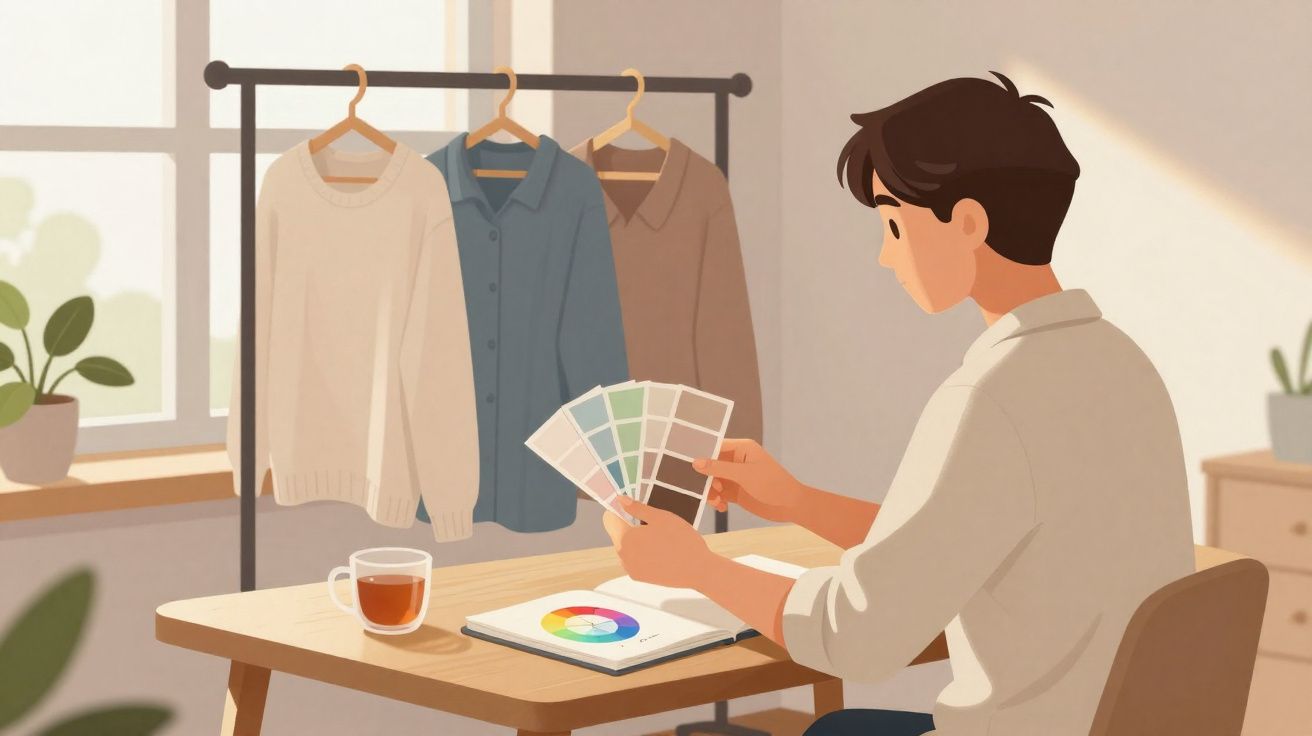 Person sitting at a table holding colour swatches, with clothes hanging on a rack and a colour wheel on a tablet nearby.