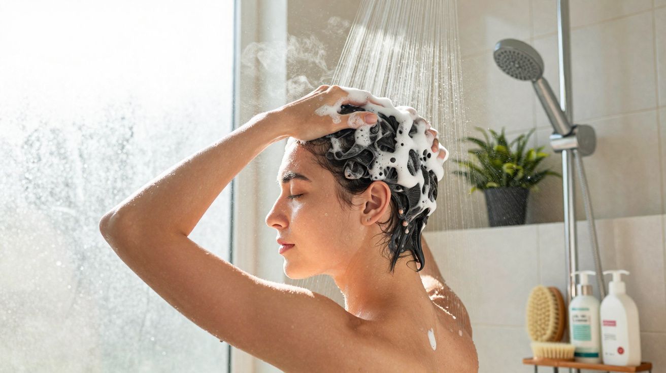 Woman washing hair with shampoo under a running shower in a bright bathroom.