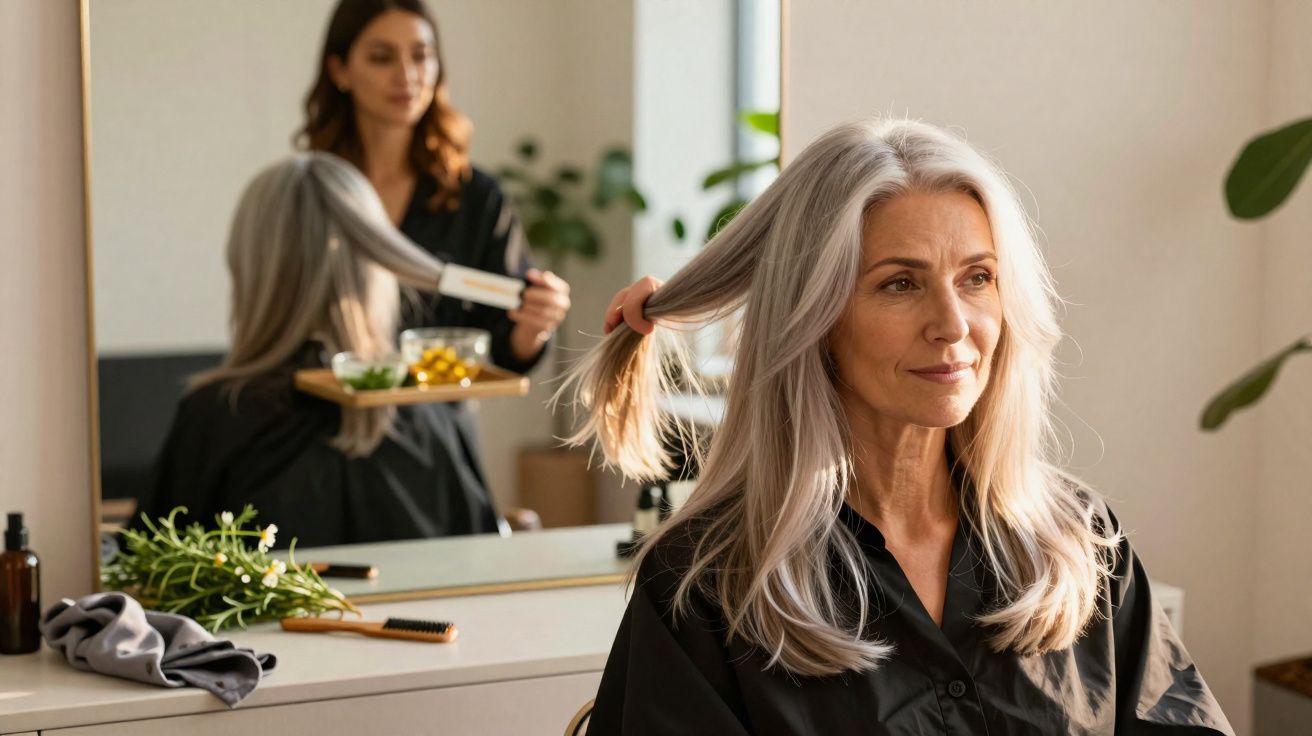 Older woman with long silver hair having it styled by a hairdresser in a salon.