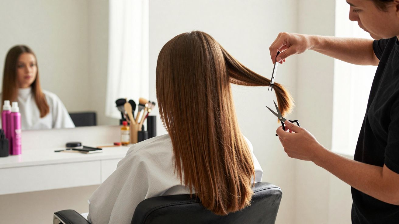 Hairdresser cutting a woman's long brown hair in a salon with styling tools in the background.