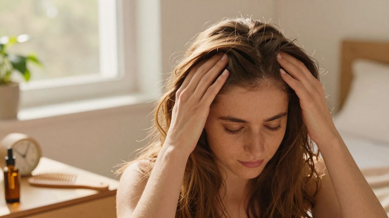 Young woman with long hair touching her scalp, sitting in a sunlit bedroom near a window.