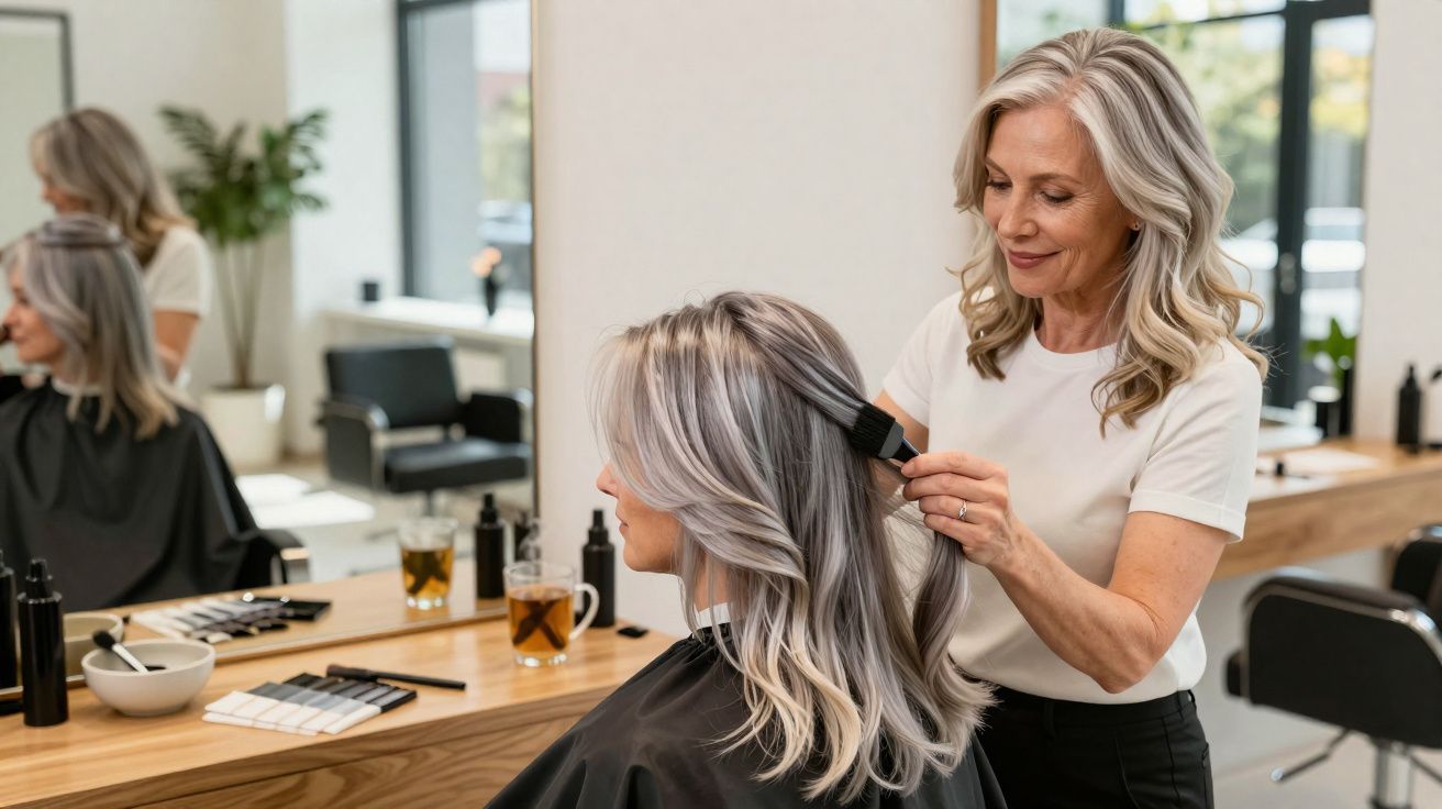 Hairdresser styling a seated woman's shoulder-length silver hair in a bright salon with large windows.