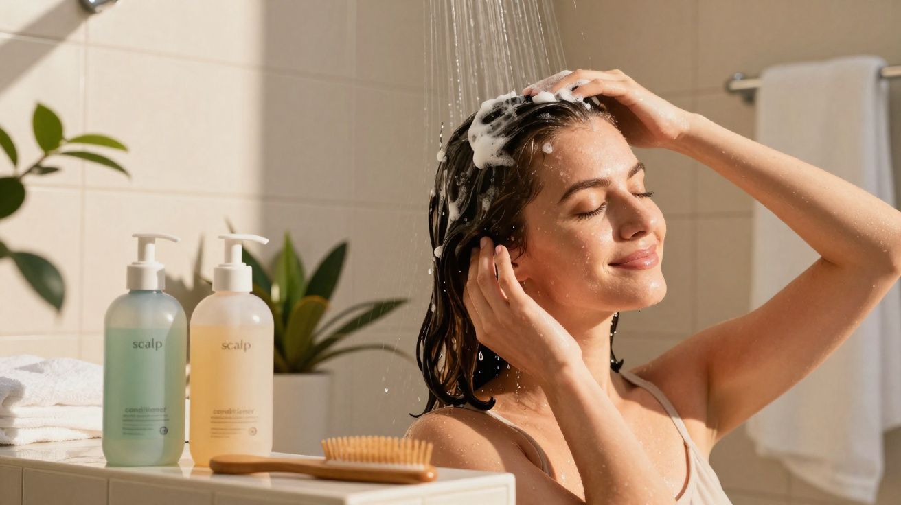 Woman washing hair with shampoo in shower, smiling with eyes closed, bathroom plants and towels visible.