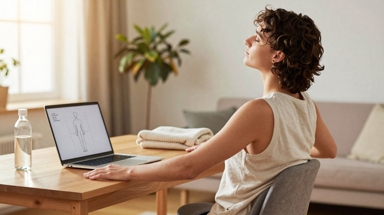 Person sitting at a desk stretching arms with eyes closed beside a laptop and a water bottle in a bright room.