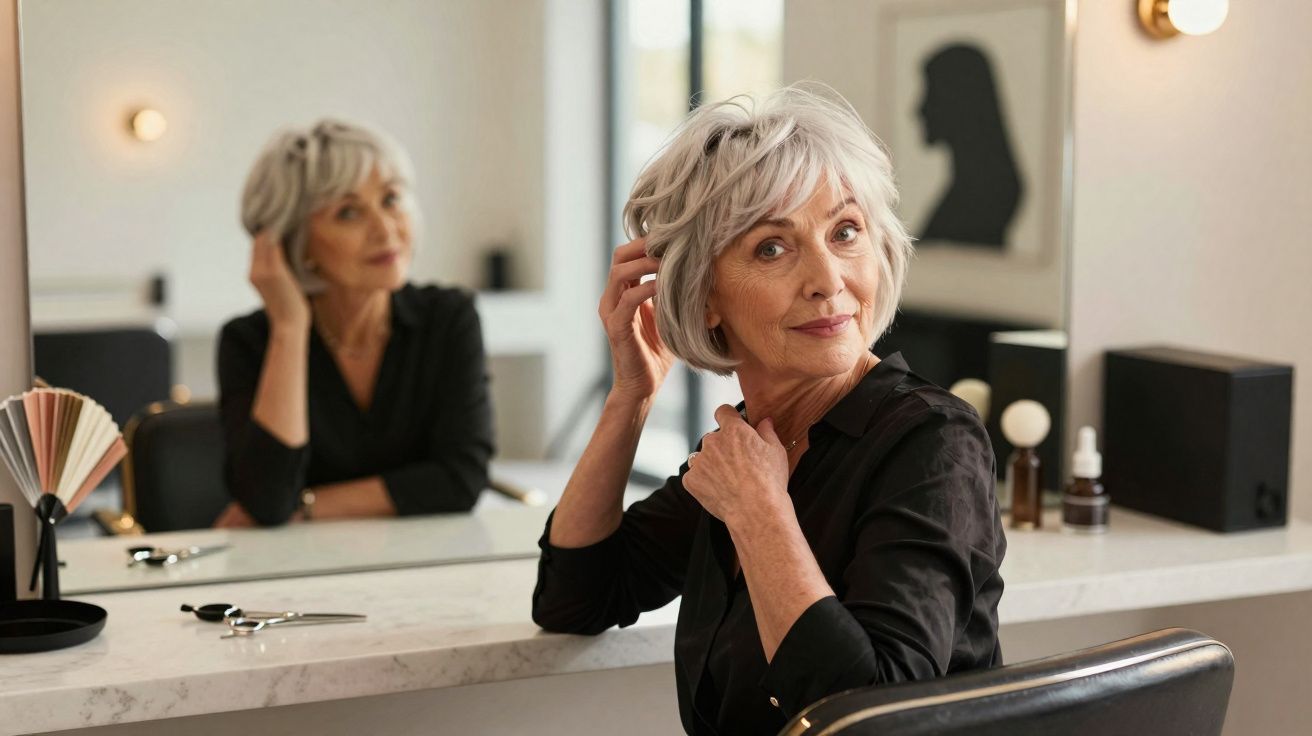 Older woman with silver hair adjusting her hairstyle while sitting at a vanity table with a mirror.