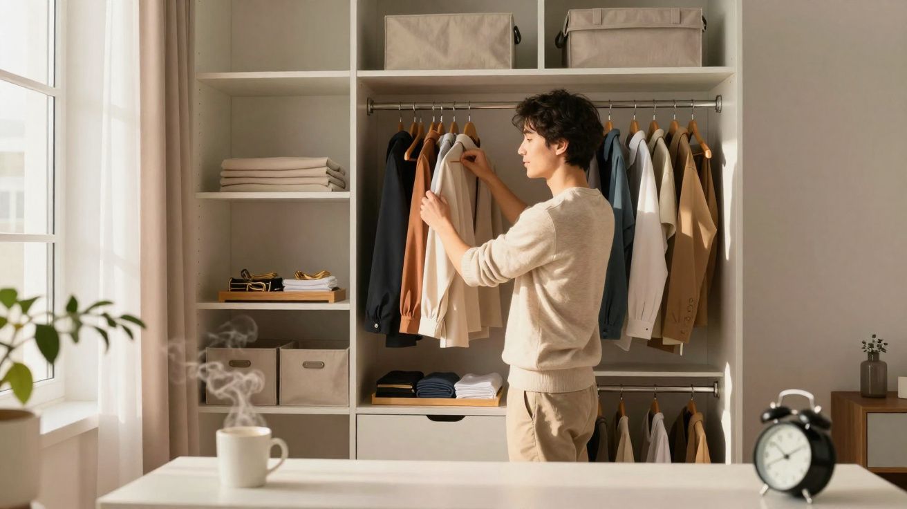 Person selecting clothes in a well-organised wardrobe in a bright, cosy room with a steaming mug nearby.