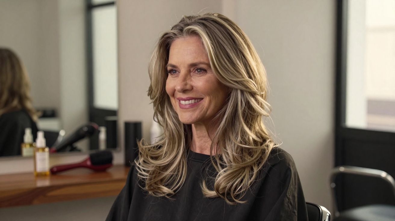 Smiling middle-aged woman with long wavy blonde hair sitting in a hair salon chair wearing a black cape.