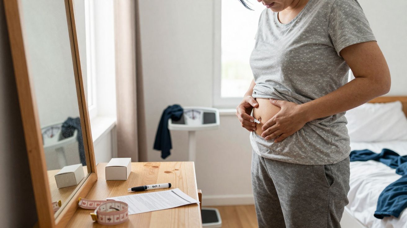 Woman in grey pyjamas checking blood sugar with glucometer in a bedroom.