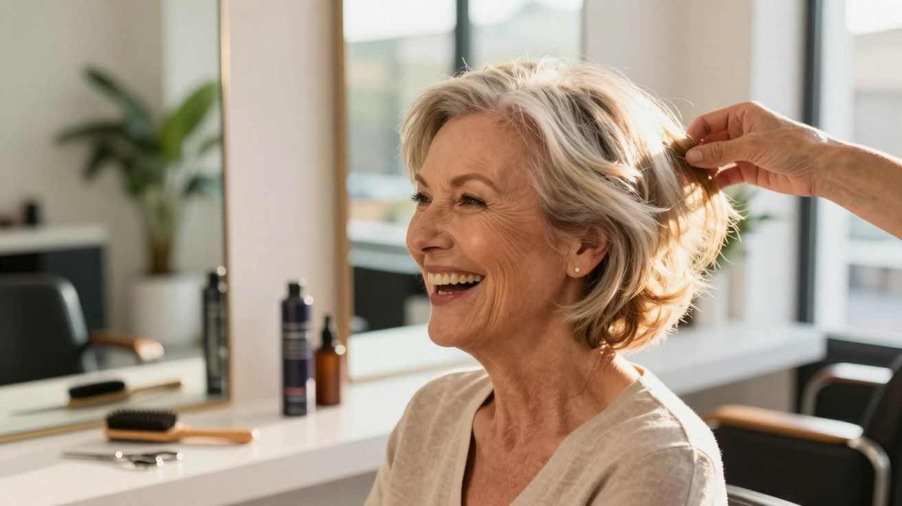 Smiling older woman with short grey hair getting styled by a hairdresser in a bright salon.