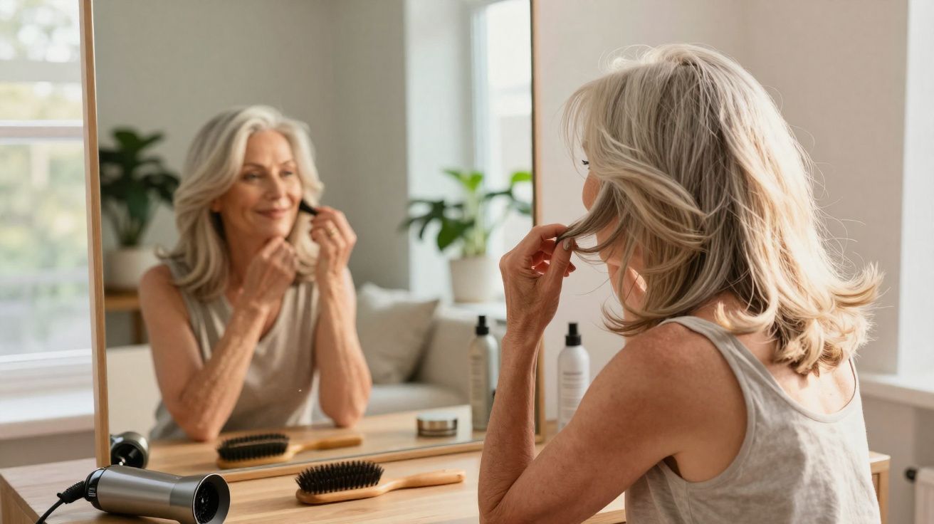 Older woman with grey hair styling her hair in front of a mirror in a bright room