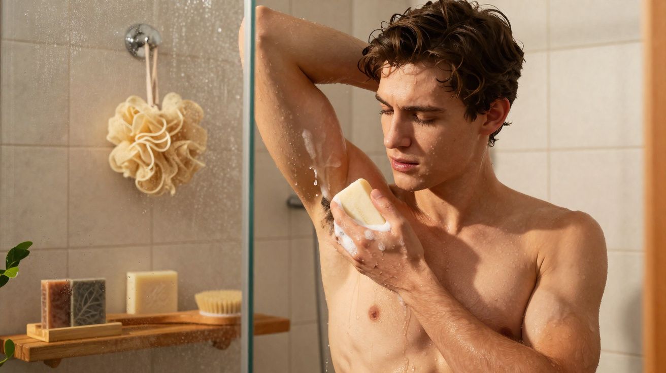 Young man washing his armpit with soap in a shower with toiletry items in the background.