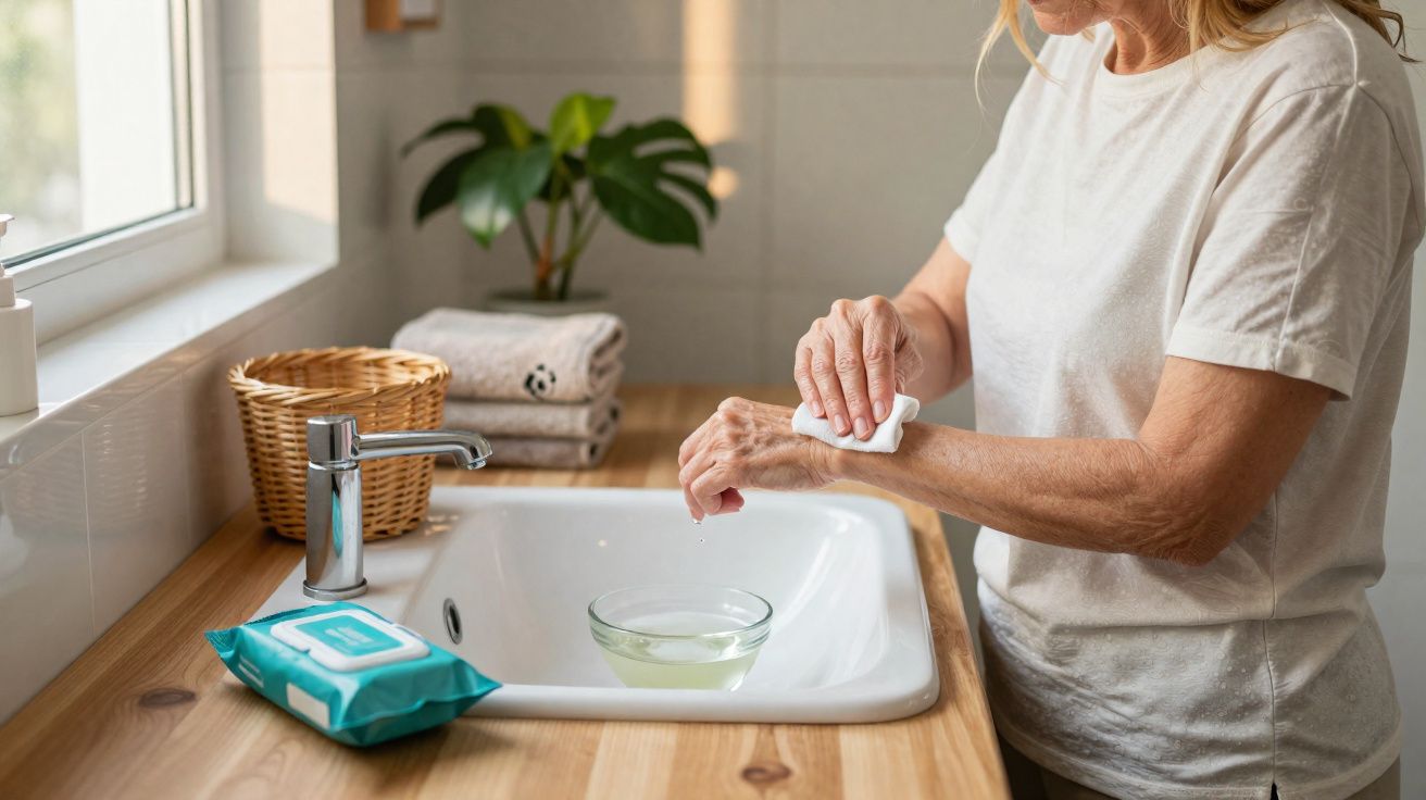 Person using a wet wipe to clean their hand over a bathroom sink with towels and a plant nearby