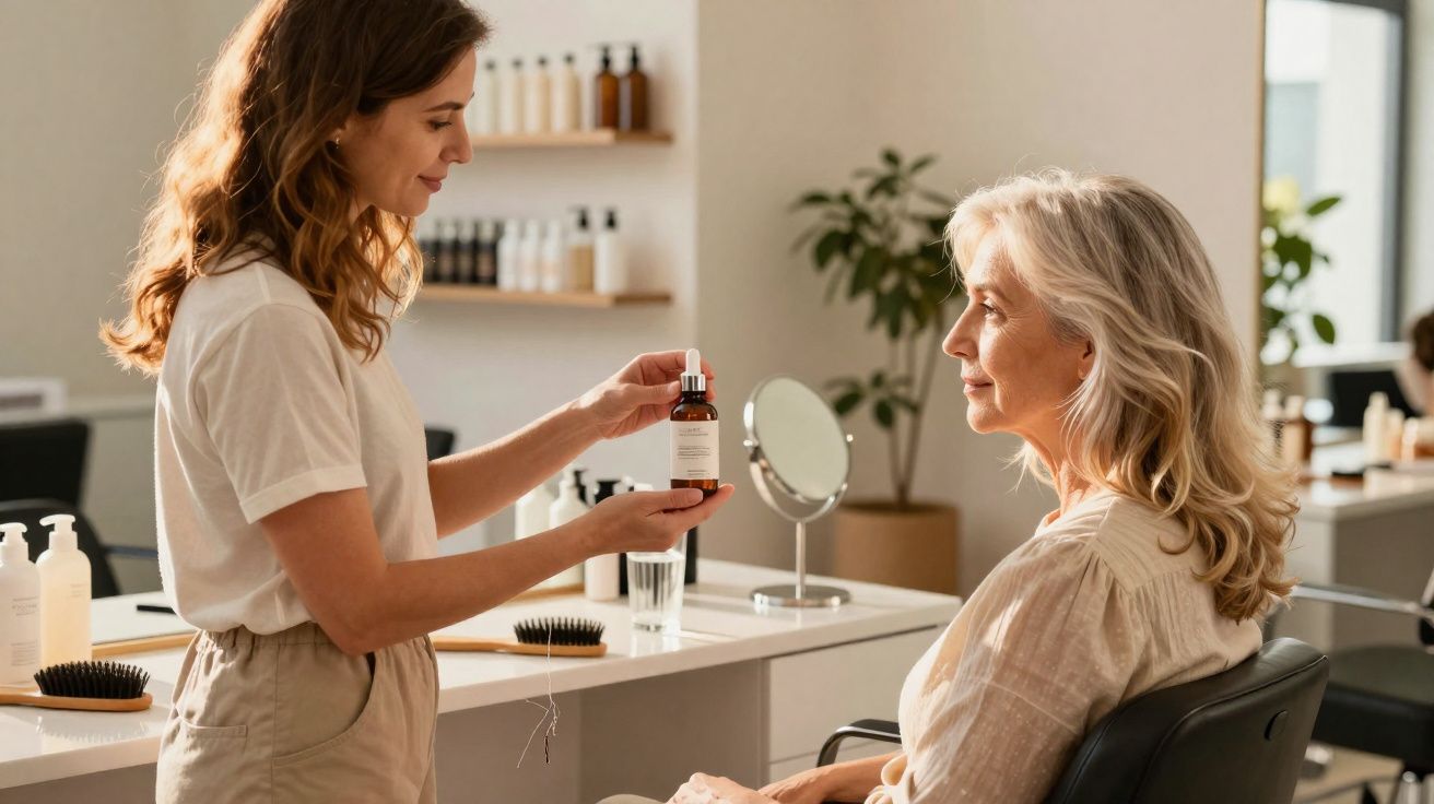 Woman showing hair product to seated older woman in modern salon with plants and mirrors in background