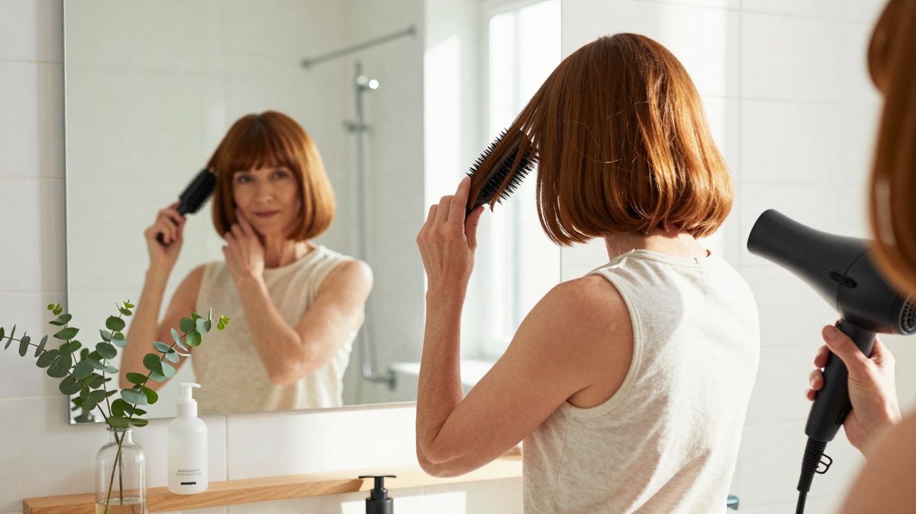 Woman with red hair brushing and blow-drying her bob hairstyle in front of a bathroom mirror.
