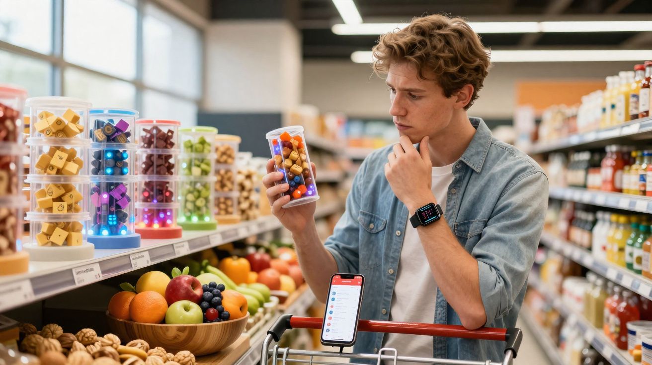 Young man reading product label while shopping in supermarket aisle with fruit and jars on shelves.