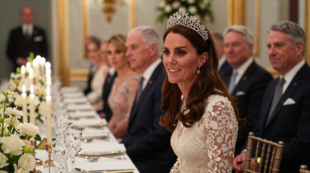 Woman wearing a tiara and white lace dress sitting at a formal dinner table with guests and candles