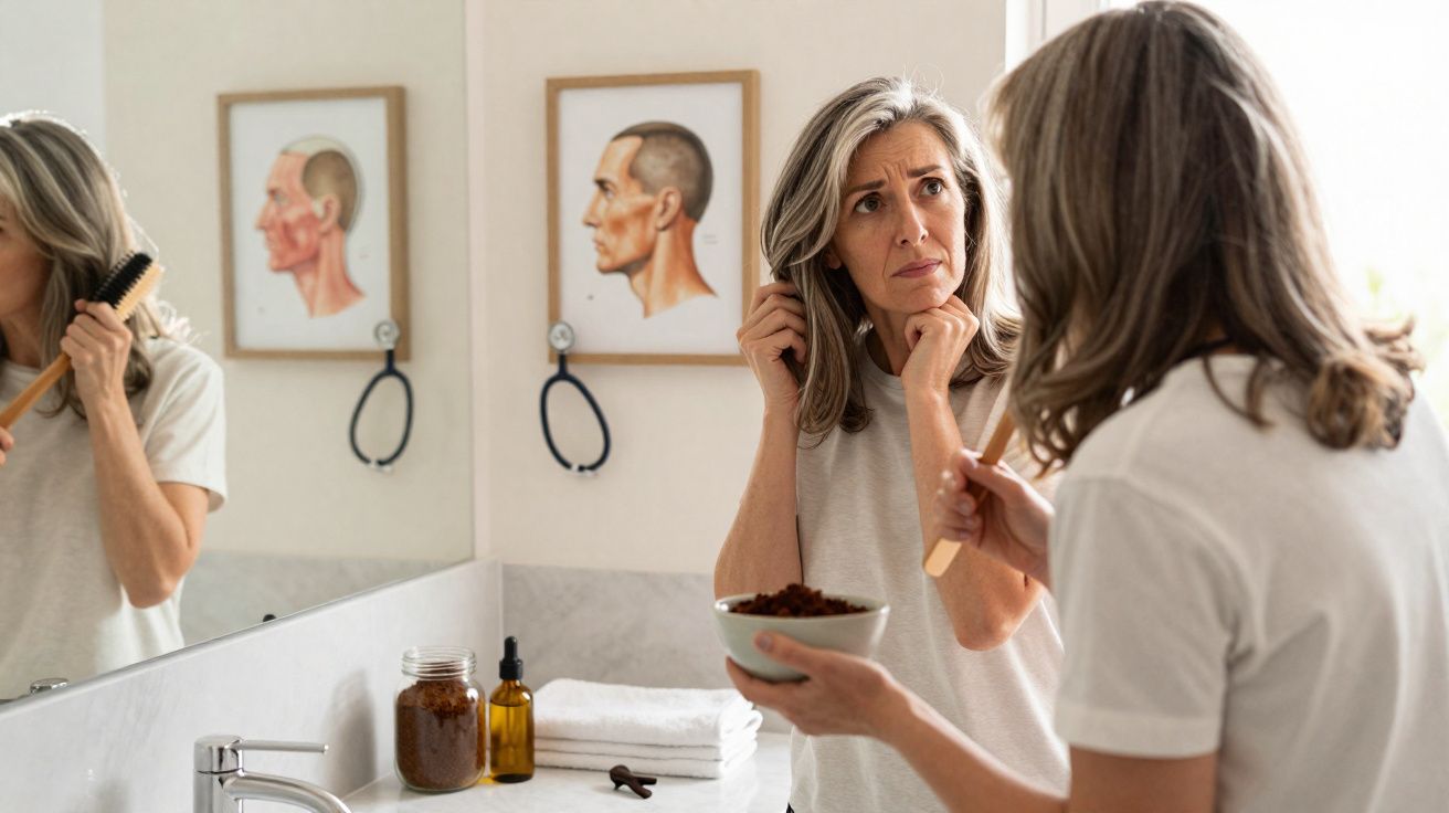 Middle-aged woman checking grey hair in bathroom mirror while holding a bowl of hair dye and a brush