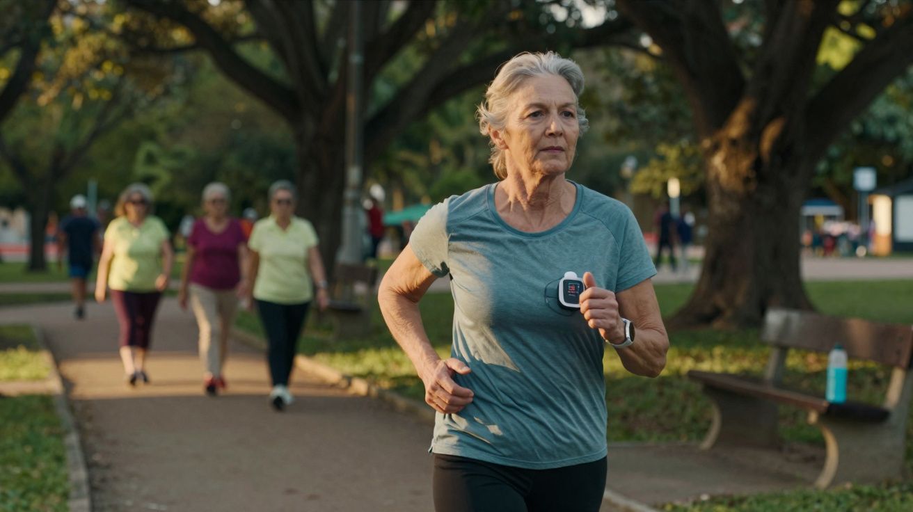 Older woman jogging in park wearing fitness tracker while others walk in the background.