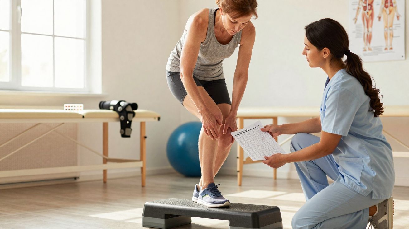 Physiotherapist assisting woman in sportswear assessing knee pain using exercise stepper in bright clinic room.