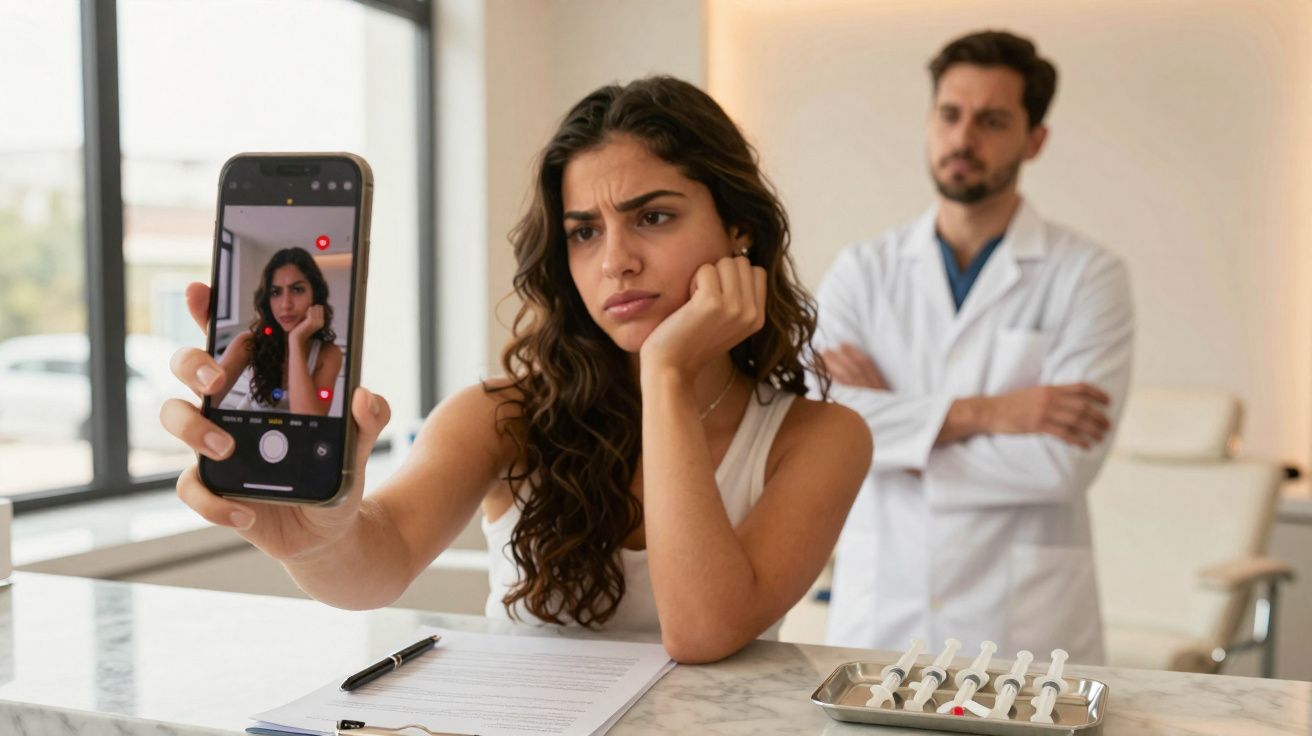 Woman looking frustrated taking a selfie with a stressed expression, while a doctor stands in the background.