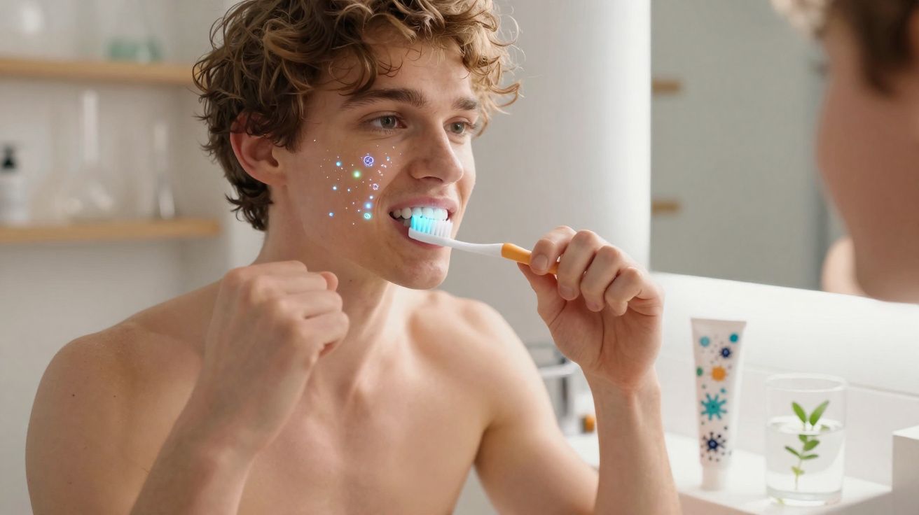 Young man brushing teeth in front of bathroom mirror with animated glowing effects on cheek.