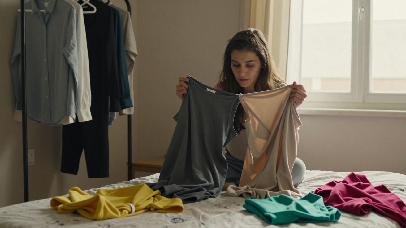 Young woman sitting on bed comparing two dresses with clothes spread out in a bedroom with hanging garments nearby.
