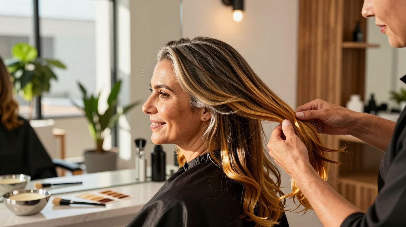 Woman smiling as hairstylist styles her long, wavy blonde hair in a bright, modern salon.