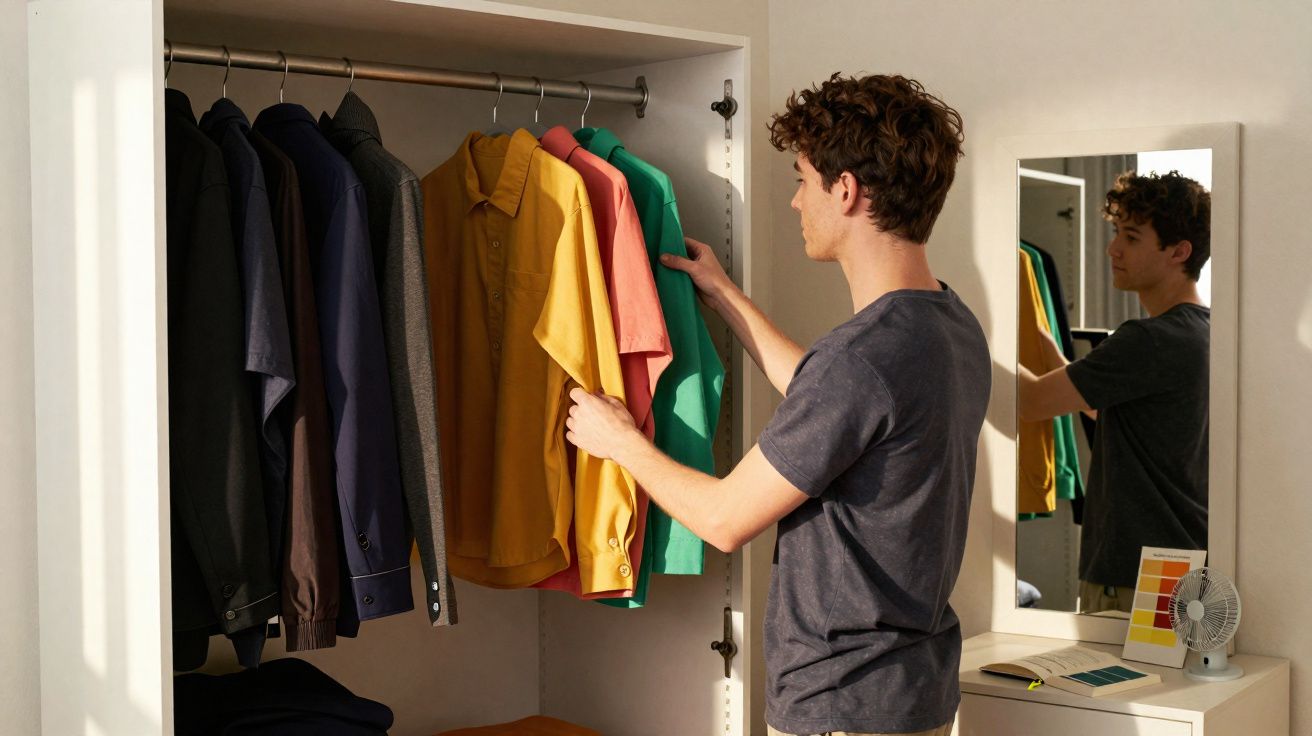 Young man choosing colourful shirts from a wardrobe in a brightly lit room with a mirror and fan nearby.
