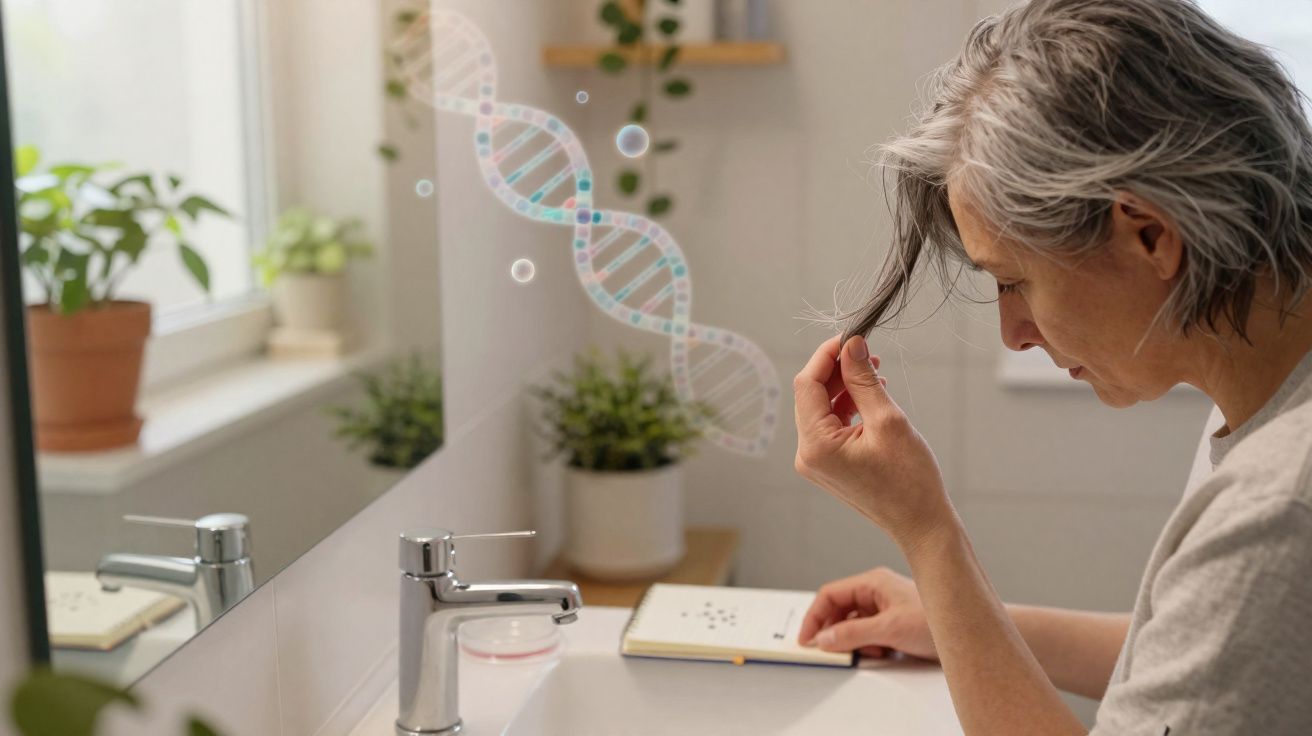Mature woman examining her grey hair in bathroom mirror with DNA strand illustration nearby.