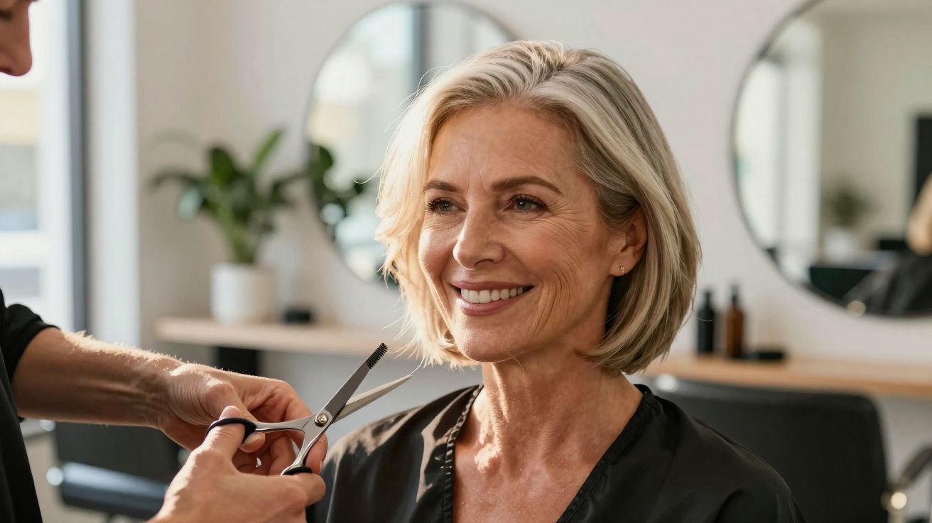 Smiling middle-aged woman with short blonde hair getting a haircut in a modern salon.
