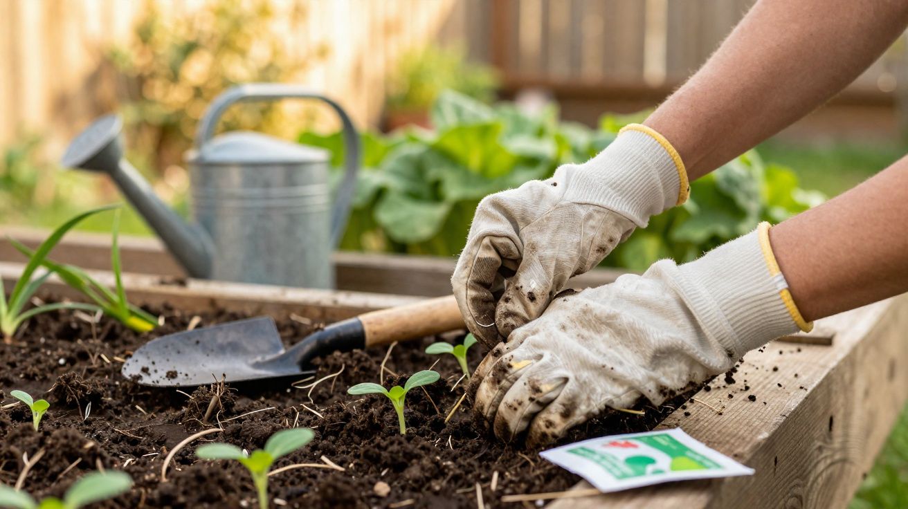 Hands in gardening gloves planting seedlings in a raised garden bed with a trowel and watering can nearby.