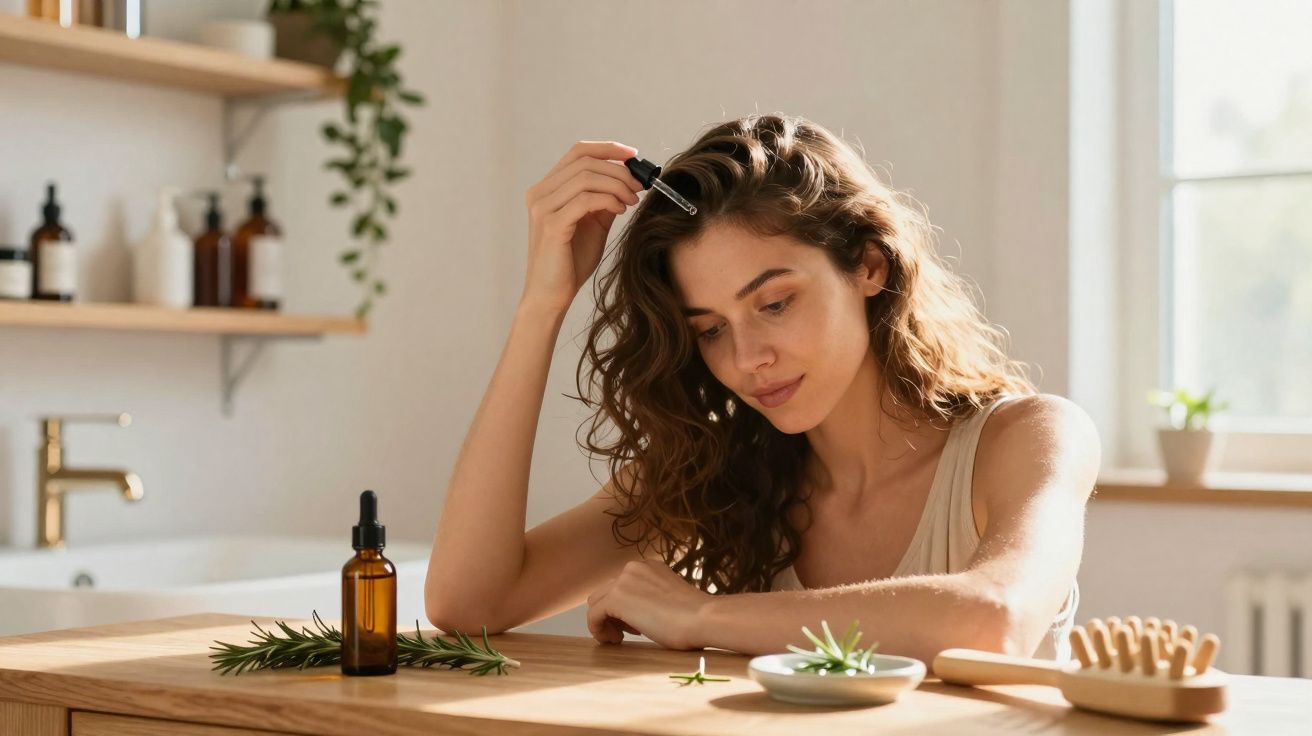Young woman applying hair oil from dropper bottle at wooden table in bright bathroom with natural light