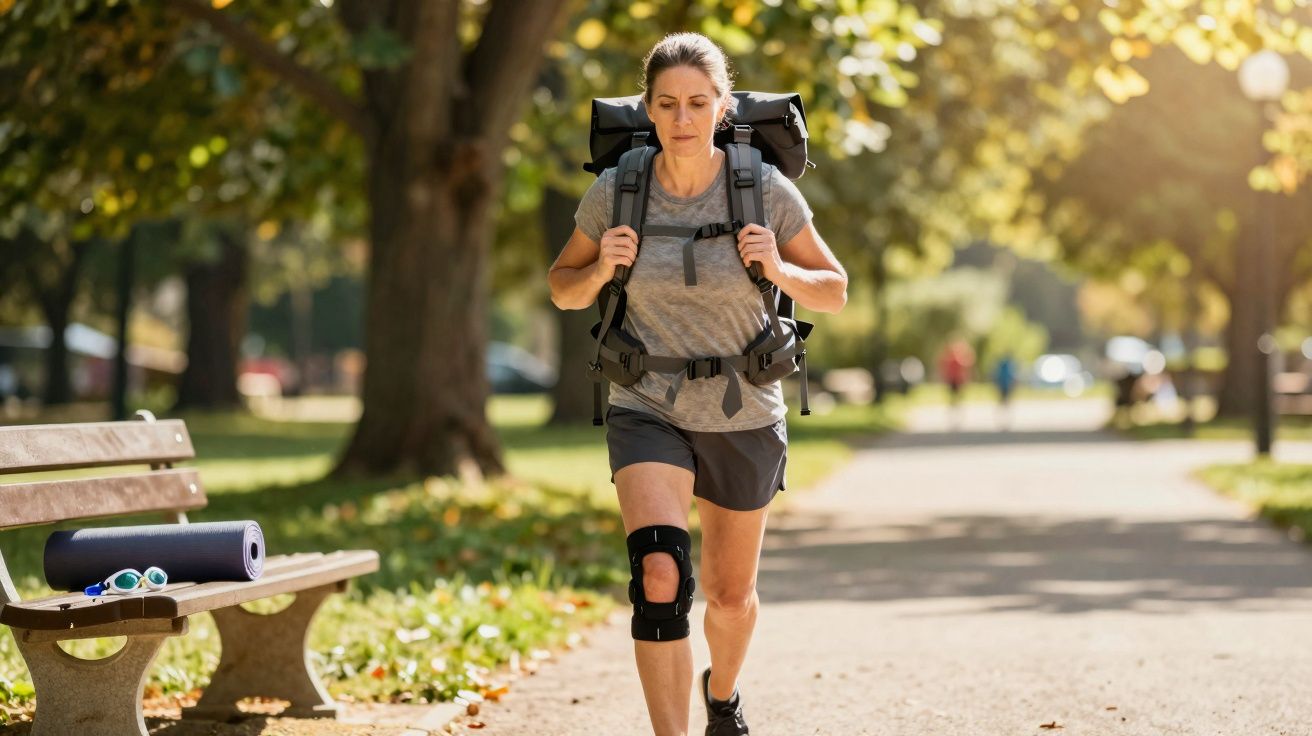 Woman with backpack and knee brace hiking along a sunlit park path in autumn with bench and yoga mat nearby