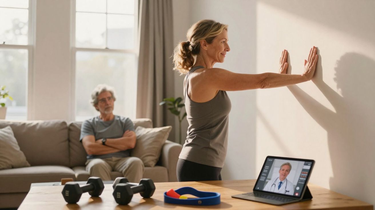 Middle-aged woman exercises while a man watches from the sofa, and a doctor appears on a tablet screen.