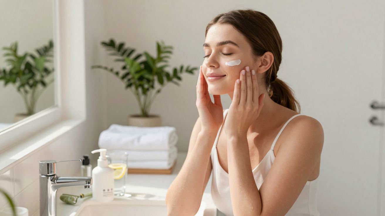 Young woman with eyes closed applying cream to face in bright bathroom with plants and towels in background