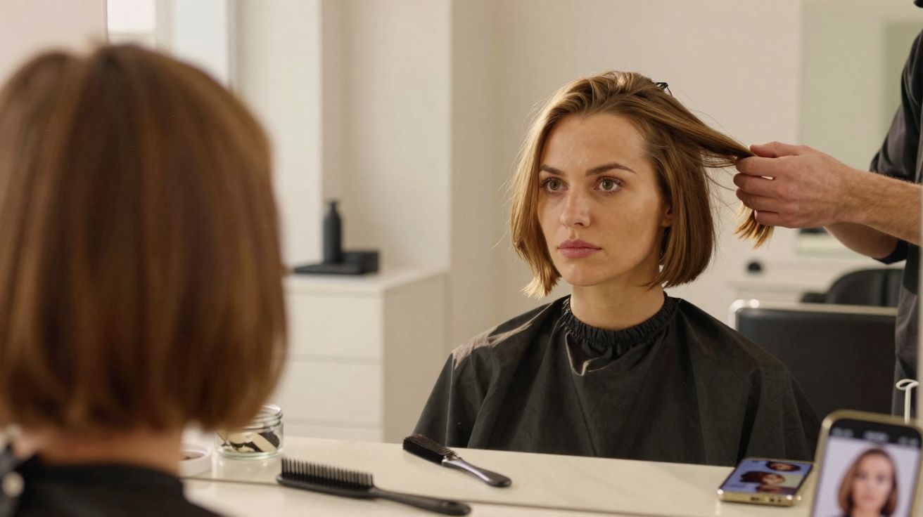 Woman with short brown hair sitting in front of a salon mirror while a hairdresser styles her hair.