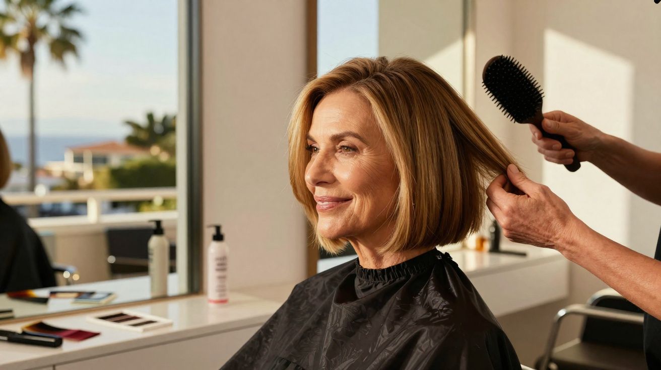 Woman with blonde bob haircut smiling while getting her hair brushed at a salon with an ocean view.
