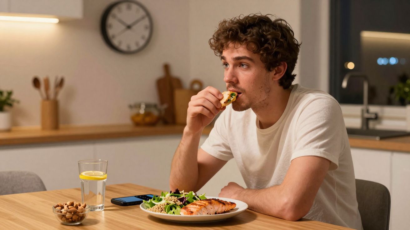 Young man in white t-shirt eating salad and salmon at dining table with water and nuts in modern kitchen.